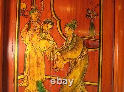 ANTIQUE CHINESE QING DYNASTY c1860 HAND CARVED PAINTED PANEL RED GREEN GOLD 51