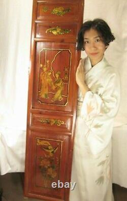 ANTIQUE CHINESE QING DYNASTY c1860 HAND CARVED PAINTED PANEL RED GREEN GOLD 51