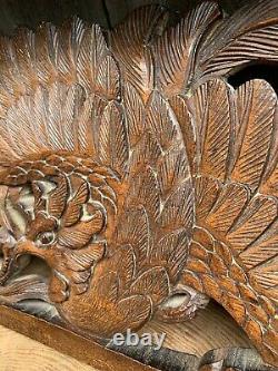 ANTIQUE French CARVED WOOD COCKEREL PEDIMENT bird top rail plaque panel folk art