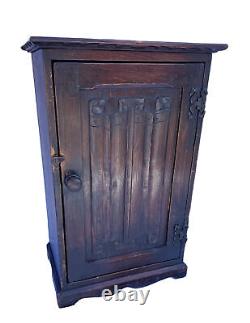 ANTIQUE HAND CARVED SMALL WOOD CABINET with LINENFOLD PANEL