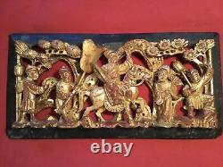 ANTIQUE LATE 19th c QI'ING CHINESE WOODEN CARVED PANEL BATTLE SCENE HORSE RIDER