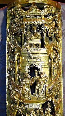 ANTIQUE19c CHINESE WOOD CARVED GILT PIERCED CONCAVE PANEL OF BATTLE SCENE