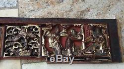 ANTIQUE19c CHINESE WOOD CARVED PIERCED GILT TEMPLE PANELS OF COURT SCENE #1