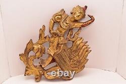 ATQ Burmese Carved Gold Gilded Wood WALL Panel Temple Kinnara God Myanmar Burma