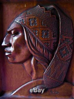 AYMARA Indian G ARIAS Bas Relief Wood Carving Panel Plaque c. 1950s BOLIVIA