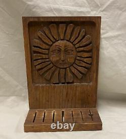 Ackerman Era Industries Carved Wood Sun Face Panel Knife Holder- Vintage- Good