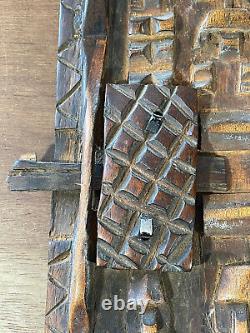 African Tribal Art Carved Hardwood Dogon Door Panel, Carved Figures, With Latch