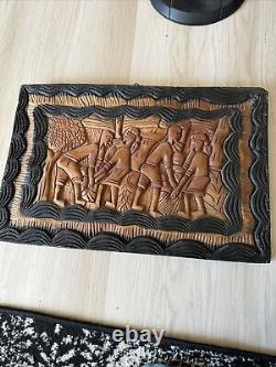 African Tribal Relief Carved Wood Panel Wall Art Storyboard Carving