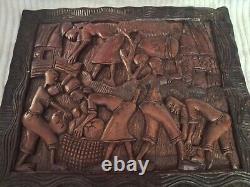 African Tribal Relief Carved Wood Panel Wall Art Storyboard Carving