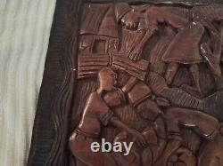 African Tribal Relief Carved Wood Panel Wall Art Storyboard Carving