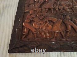 African Tribal Relief Carved Wood Panel Wall Art Storyboard Carving