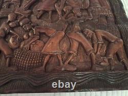 African Tribal Relief Carved Wood Panel Wall Art Storyboard Carving