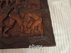 African Tribal Relief Carved Wood Panel Wall Art Storyboard Carving