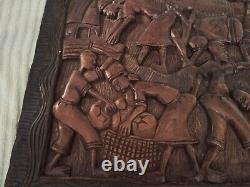 African Tribal Relief Carved Wood Panel Wall Art Storyboard Carving