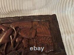 African Tribal Relief Carved Wood Panel Wall Art Storyboard Carving