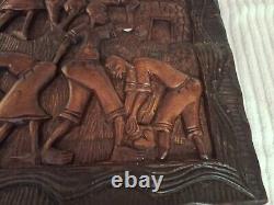 African Tribal Relief Carved Wood Panel Wall Art Storyboard Carving