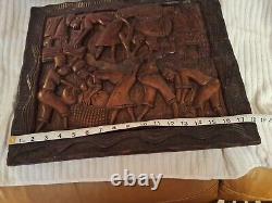 African Tribal Relief Carved Wood Panel Wall Art Storyboard Carving