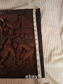 African Tribal Relief Carved Wood Panel Wall Art Storyboard Carving