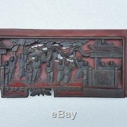 Amazing Antique Chinese Large Hand Carved Wood Lacquered Panel. Ceremonial Scene