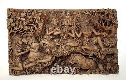 Amazing Vintage Balinese Carved Art Wood Panel Sculpture Unique Scene