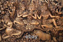 Amazing Vintage Balinese Carved Art Wood Panel Sculpture Unique Scene