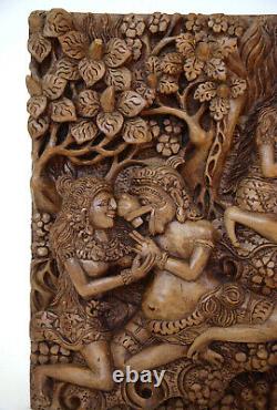 Amazing Vintage Balinese Carved Art Wood Panel Sculpture Unique Scene