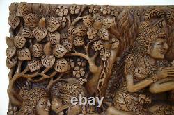 Amazing Vintage Balinese Carved Art Wood Panel Sculpture Unique Scene