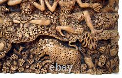 Amazing Vintage Balinese Carved Art Wood Panel Sculpture Unique Scene