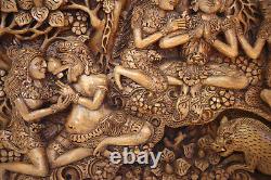 Amazing Vintage Balinese Carved Art Wood Panel Sculpture Unique Scene