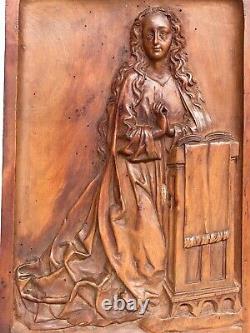 An Exceptional French Carved Religious Gothic Panel Praying Madonna / Virgin