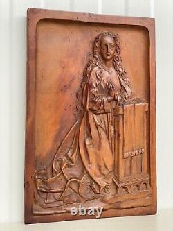 An Exceptional French Carved Religious Gothic Panel Praying Madonna / Virgin