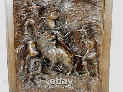 Ancien panneau bois sculpté madieval chasse au lion antique carved wood panel