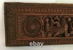 Ancient Old Wood Hand Carved Beautiful Floral Figure Mughal Door Wall Panel Rear