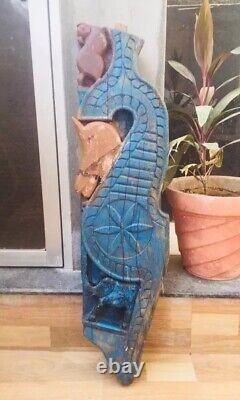 Ancient Rare Wood Fine Hand Carved Horse Elephant Bird Figure Blue Wall Panel