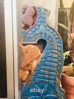 Ancient Rare Wood Fine Hand Carved Horse Elephant Bird Figure Blue Wall Panel