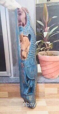 Ancient Rare Wood Fine Hand Carved Horse Elephant Bird Figure Blue Wall Panel