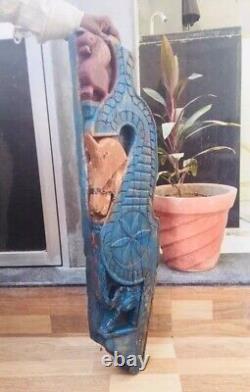 Ancient Rare Wood Fine Hand Carved Horse Elephant Bird Figure Blue Wall Panel