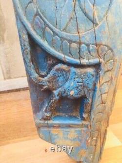 Ancient Rare Wood Fine Hand Carved Horse Elephant Bird Figure Blue Wall Panel