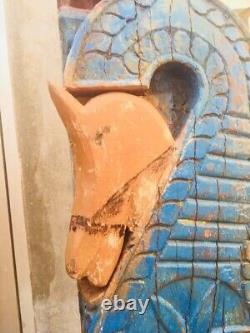 Ancient Rare Wood Fine Hand Carved Horse Elephant Bird Figure Blue Wall Panel