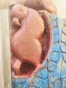 Ancient Rare Wood Fine Hand Carved Horse Elephant Bird Figure Blue Wall Panel