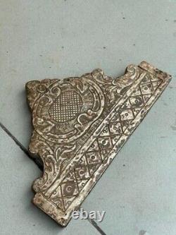 Ancient Rare Wood Old Hand Carved Metal Fitting Floral Bracket Wall Panel