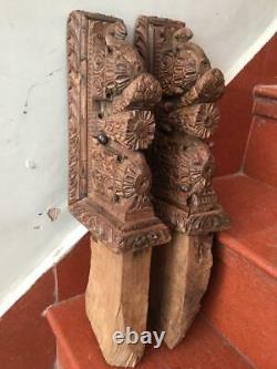 Antigue Hand Carved Ancient Wood Peacock, Flower Figure Door Panel Plaque Bracket