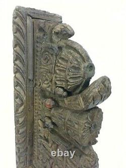 Antigue Hand Carved Ancient Wood Peacock, Flower Figure Door Panel Plaque Bracket