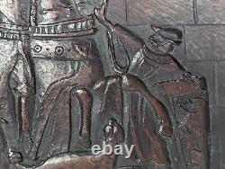 Antique 17th/18th Century Carved Wood Oak Panel Figures Knight Queen Dogs