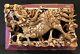 Antique 1837 Chinese 3d Gold Gilt Foo Dog Wood Carving Panel Signed
