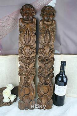 Antique 1880 PAIR German wood carved black forest panels plaques cabinet putti