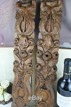 Antique 1880 PAIR German wood carved black forest panels plaques cabinet putti