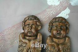 Antique 1880 PAIR German wood carved black forest panels plaques cabinet putti