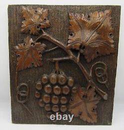 Antique 1895 carved wood panel deep relief grape leaves/vines/grapes 10.5x12