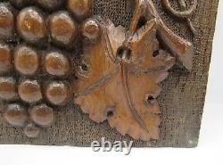 Antique 1895 carved wood panel deep relief grape leaves/vines/grapes 10.5x12